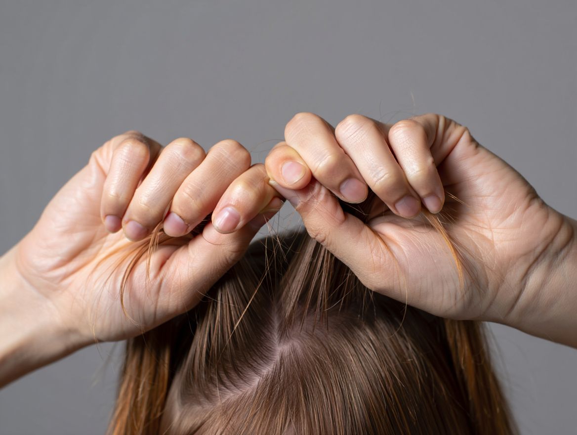 Девушка держится за волосы руками